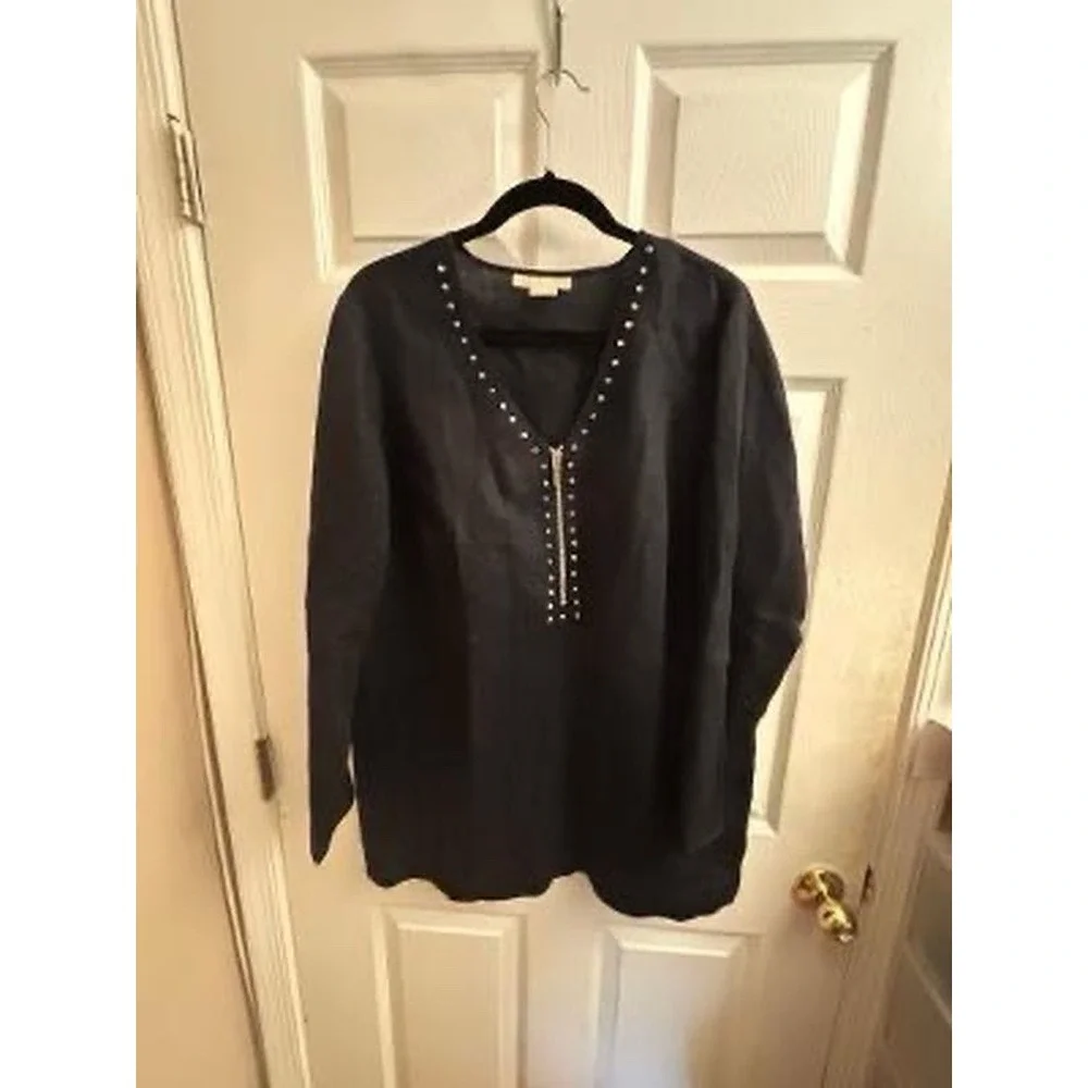 1X- Michael Kors Women's XL Black 100% Linen Rhinestone Zip Tunic Blouse